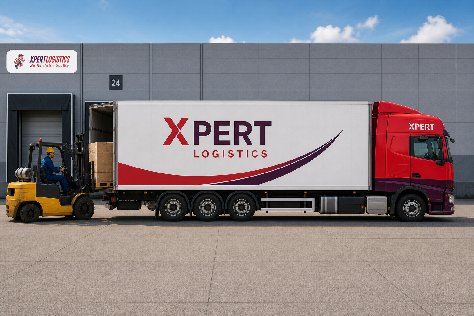Forklift operator approaching Xpert multitrailer with pallet